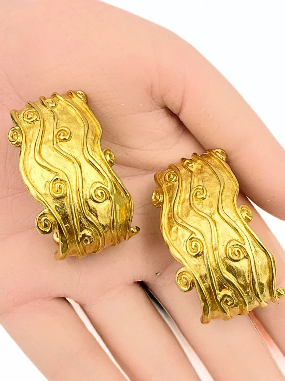 Karl Lagerfeld Couture Signed Sculptural Wave Gold Plated Half Hoop Clip Earring